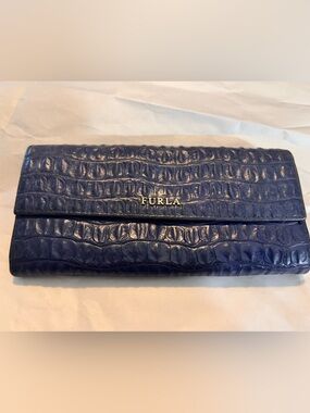Furla Navy Croc-Embossed Leather Wallet